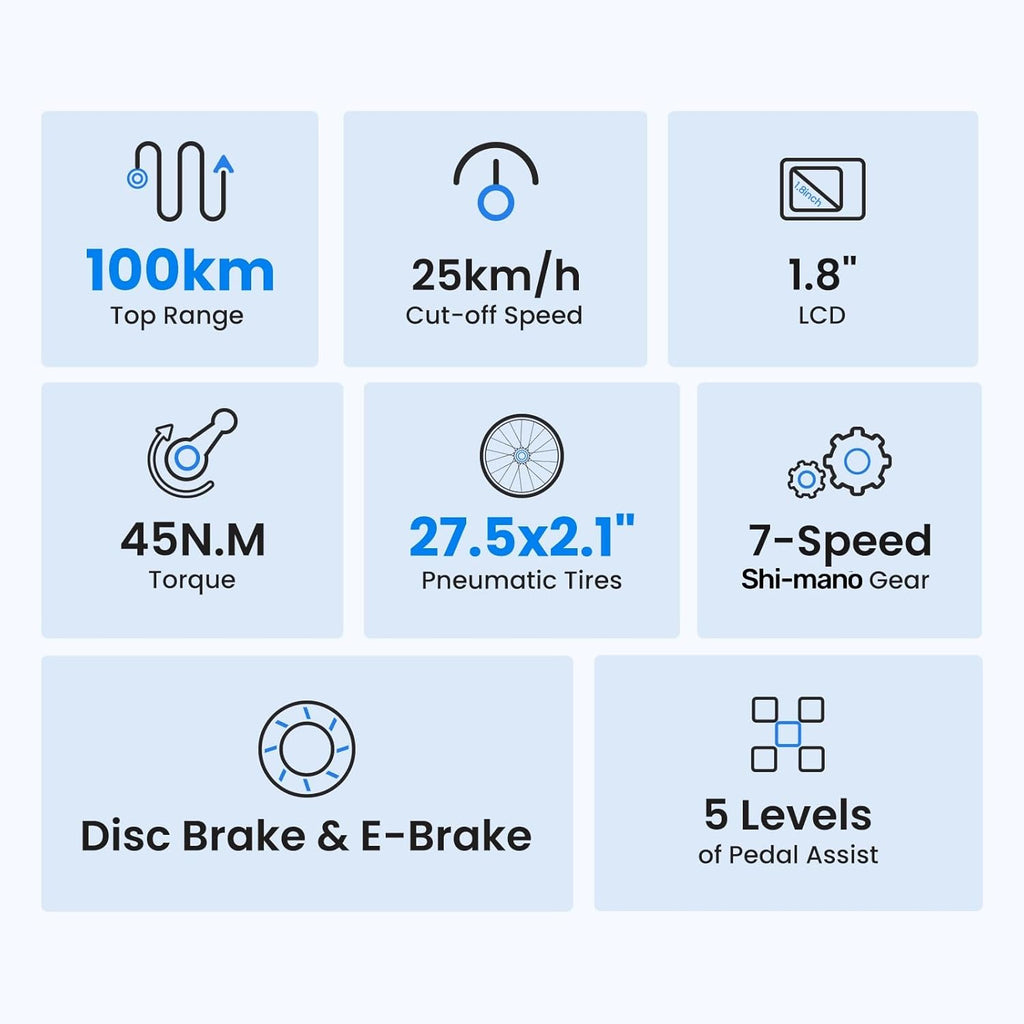 Touroll J1 ST 27.5" Electric Bike for Adults, 7 Speed Electric Bicycle with 36V 15.6Ah Removable Battery, 100km Range Pedal Assist City E Bike for Commute and Trekking, LCD Display, Dual Disc Brake