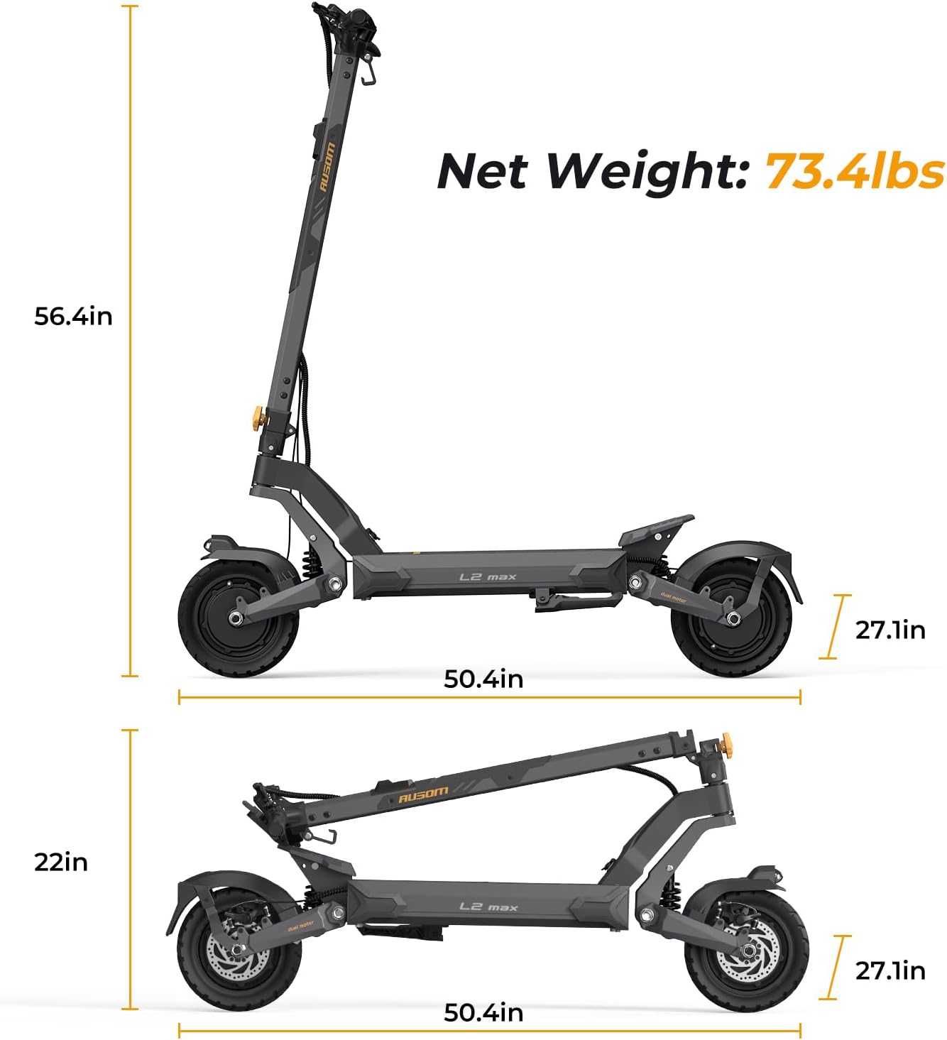 Ausom Foldable Electric Scooter, L2 Max 10'' Electric Scooters Adult with Dual Motor, 48V 20.8Ah Battery, 90km Range, E Scooters with Swingarm Suspension, E-ABS for Adults and Teens
