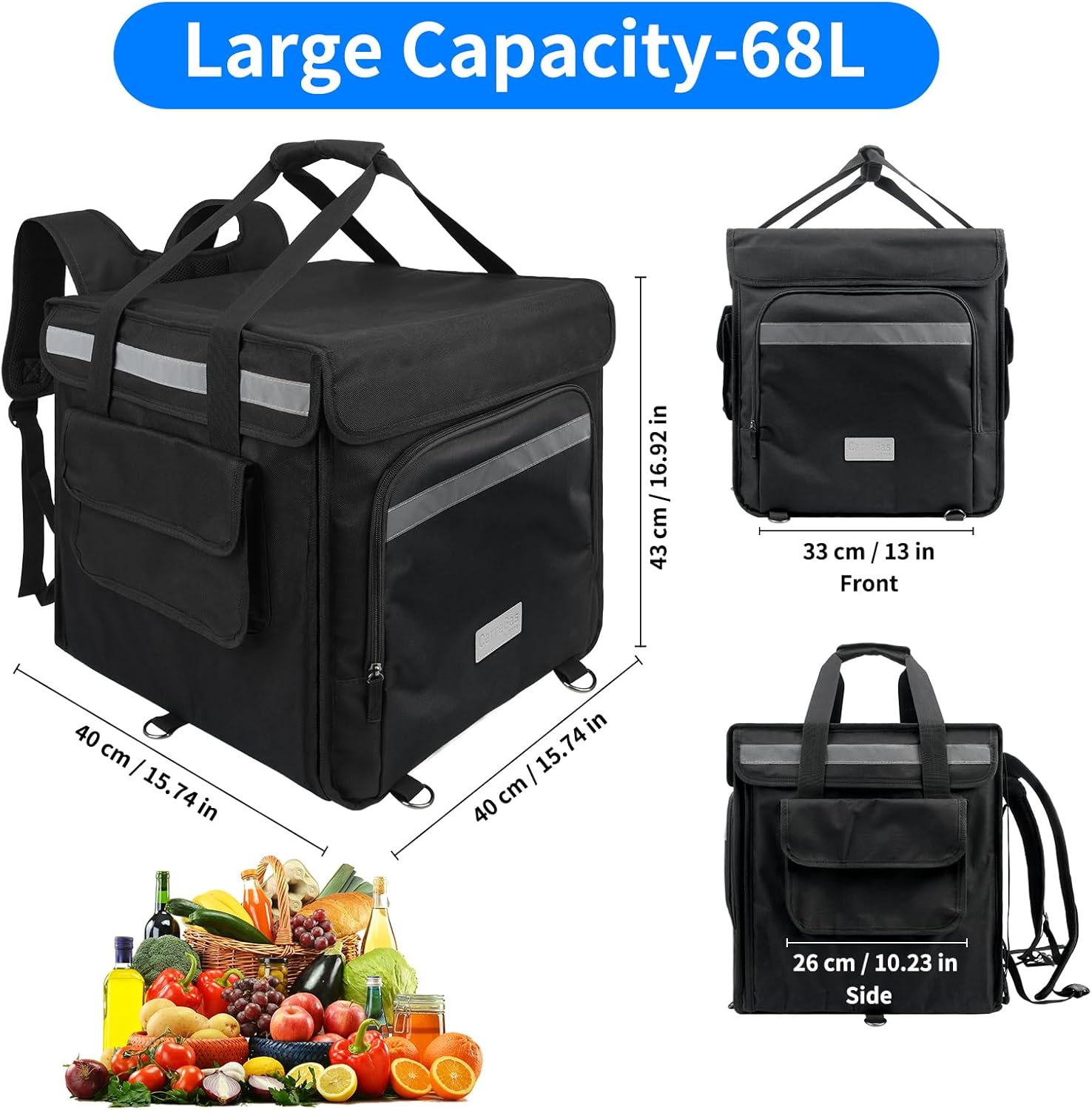 Backpack Premium Food Delivery Bag, Thermal Insulated Cooler Bag Large Capacity Suitable for Cold and Hot Food with Dividers, Takeaway Home Delivery, Suitable for Bike 40x40x43cm 68L