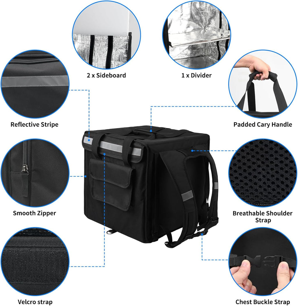 Backpack Premium Food Delivery Bag, Thermal Insulated Cooler Bag Large Capacity Suitable for Cold and Hot Food with Dividers, Takeaway Home Delivery, Suitable for Bike 40x40x43cm 68L