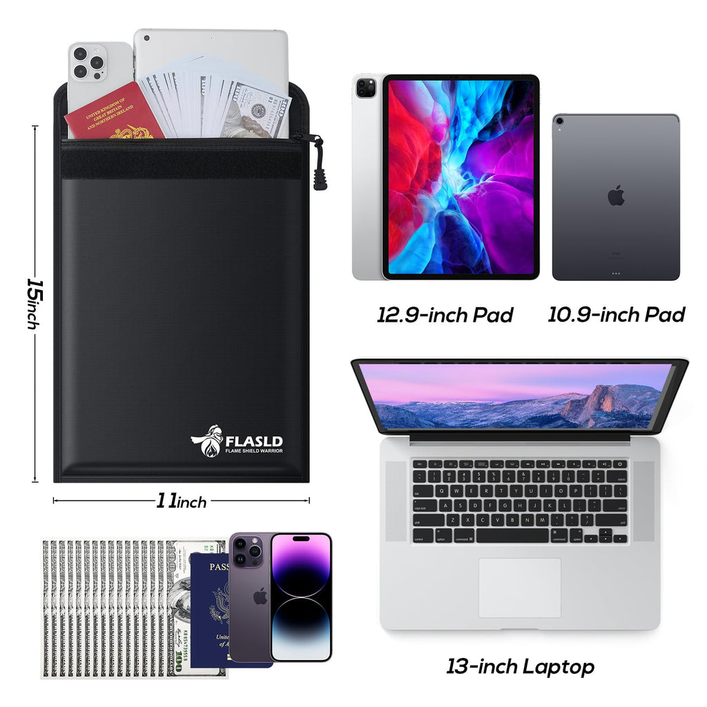 FLASLD Large Fireproof Document & Money Bags, Fireproof & Water Resistant Bag, Fireproof Folder Safe Bag for Cash, Valuables & Passport, with Silicone Coating & Zipper Closure, 60x30x30cm