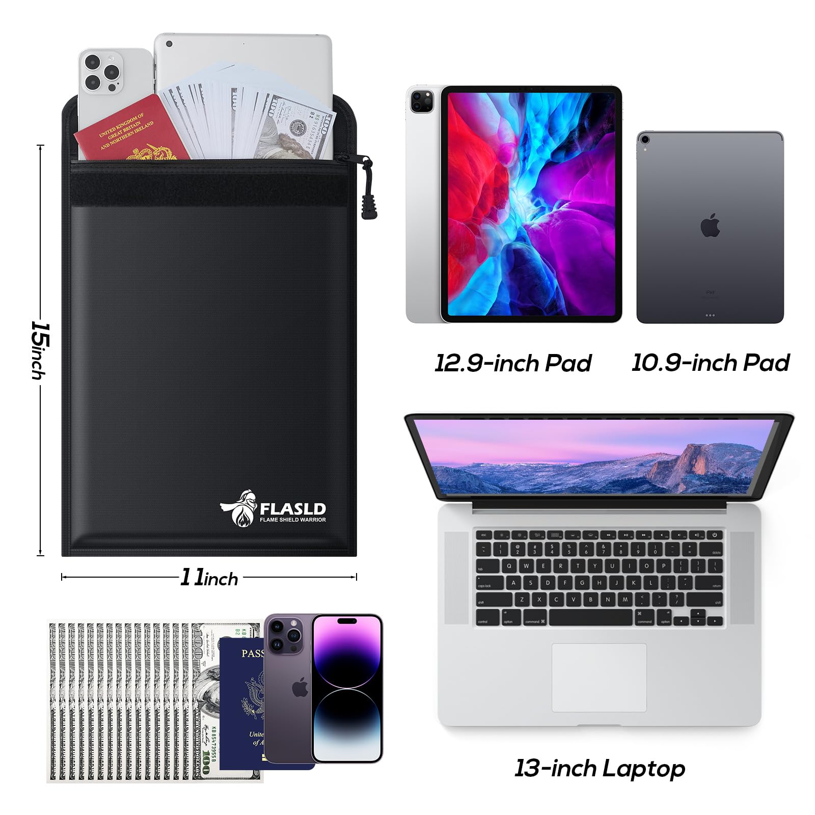 FLASLD Large Fireproof Document & Money Bags, Fireproof & Water Resistant Bag, Fireproof Folder Safe Bag for Cash, Valuables & Passport, with Silicone Coating & Zipper Closure, 60x30x30cm