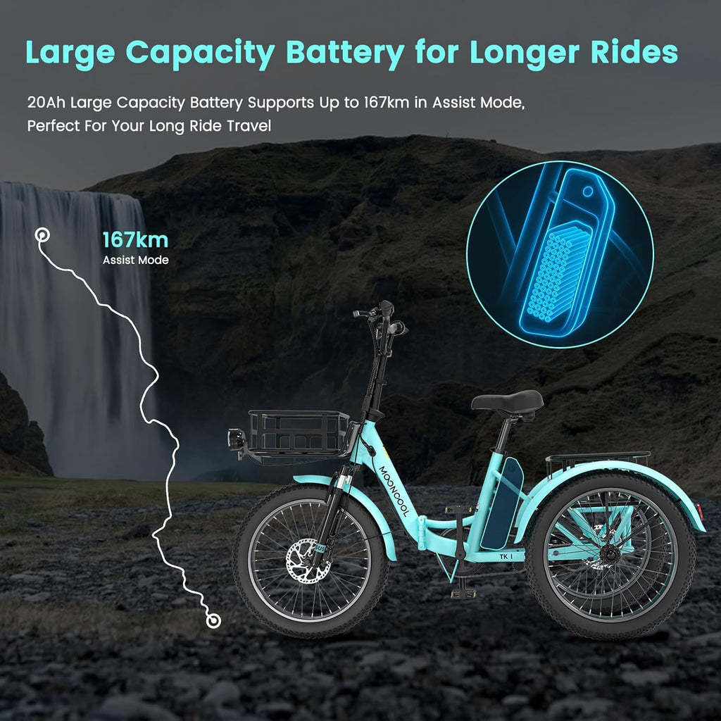 MOONCOOL Folding Electric Bike for Adults, 20" Folding Electric Trike with 36V 20AH Removable Battery, 250W Motor Electric Bicycle, LCD-Display, Range 167KM, IP65, 45NM E-Bikes with Large Baskets