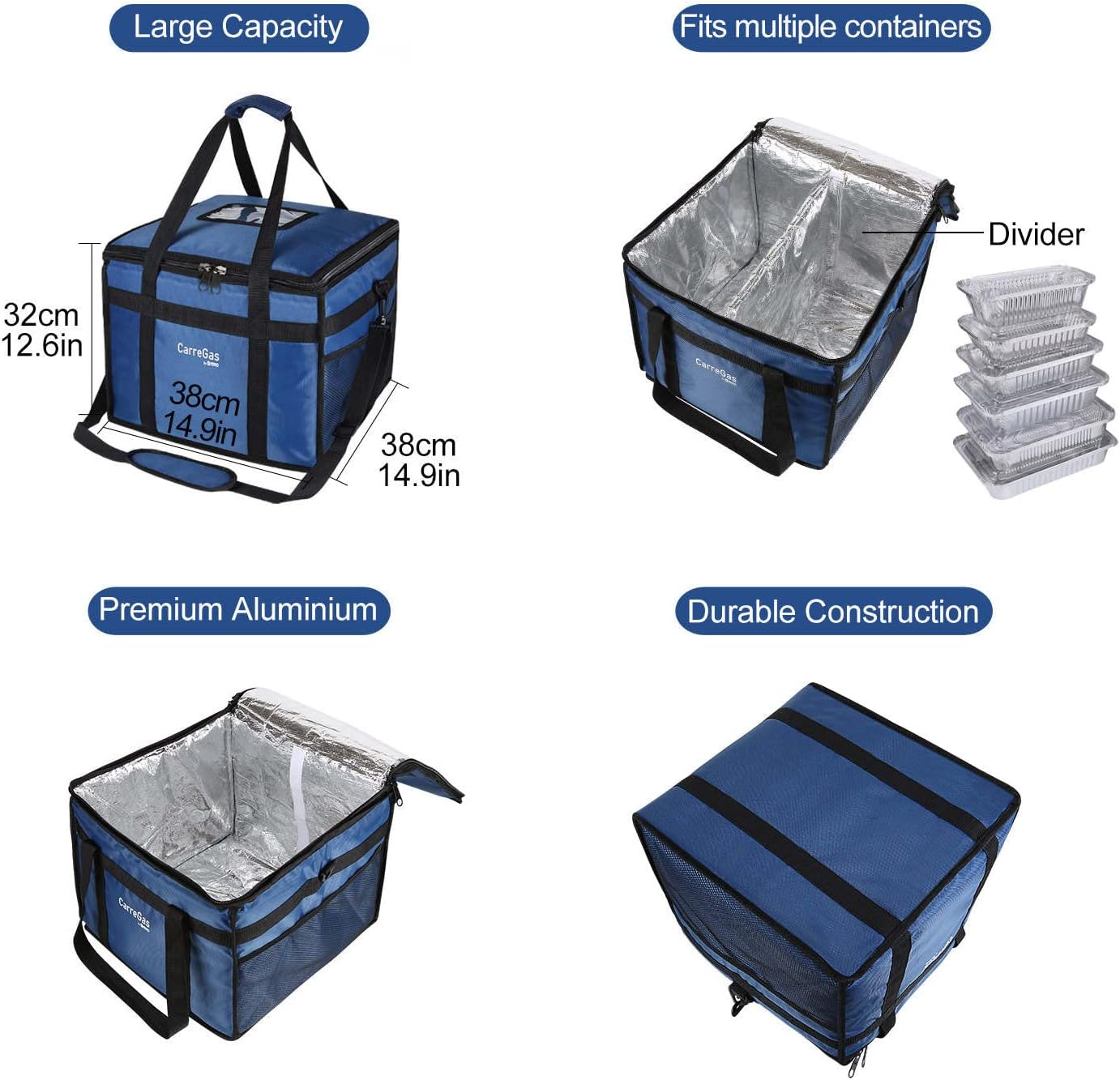 Backpack Premium Food Delivery Bag, Thermal Insulated Cooler Bag Large Capacity Suitable for Cold and Hot Food with Dividers, Takeaway Home Delivery, Suitable for Bike 40x40x43cm 68L