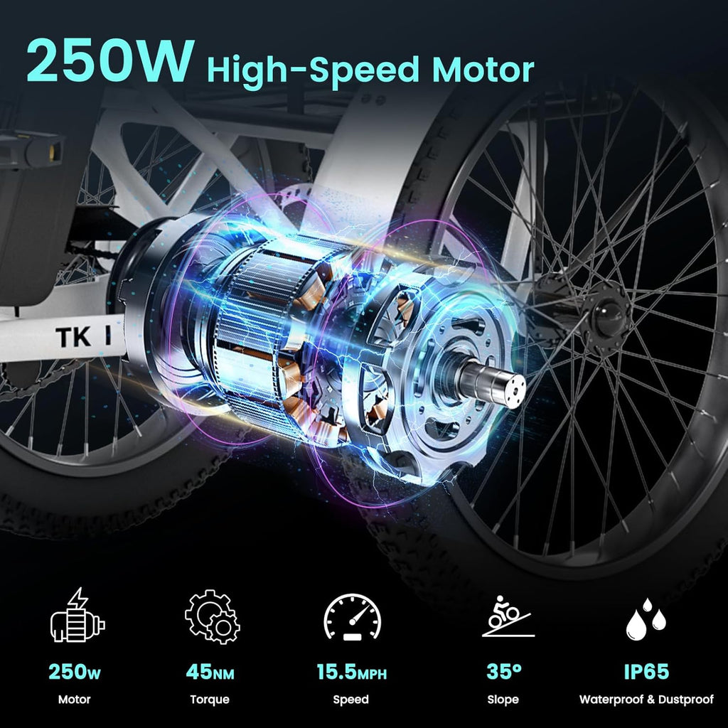 MOONCOOL Folding Electric Bike for Adults, 20" Folding Electric Trike with 36V 20AH Removable Battery, 250W Motor Electric Bicycle, LCD-Display, Range 167KM, IP65, 45NM E-Bikes with Large Baskets