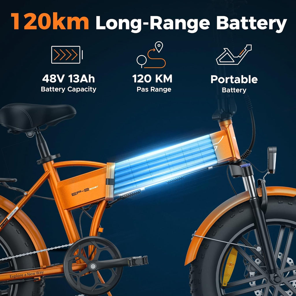 ENGWE EP-2 BOOST Folding Electric Bike,20‘×4.0’ Fat Tire 7-Speed Electric Bicycle 48V 13Ah Removable Battery, 50-120 km Range E-bike for Every Terrain & MTB & Beach & Snow