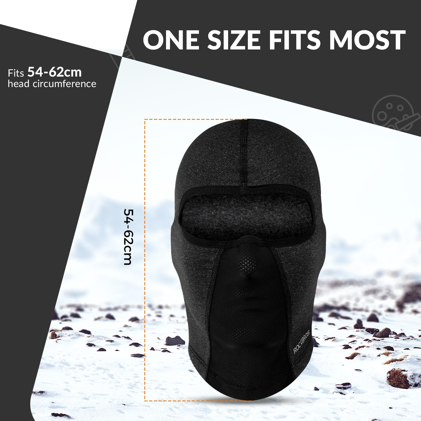 ROCKBROS Windproof Balaclava Breathable Face Cover Winter Thermal Fleece Neck Warmer Headcover Outdoor Sports Cycling Skiing Hats Fit Helmet Elastic Headwear 54-62CM