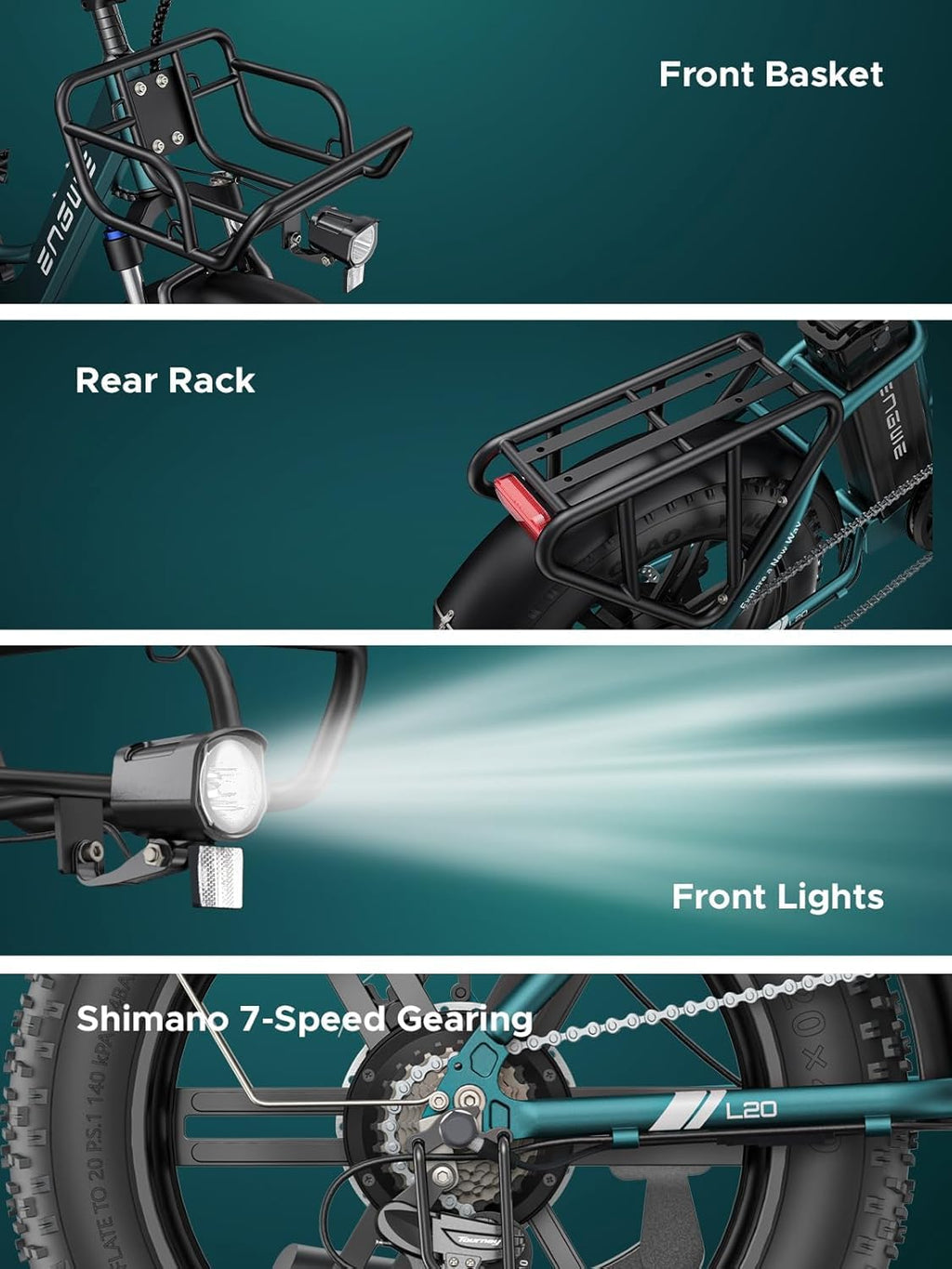 ENGWE L20 BOOST Electric Bike, 20‘’ ×4.0‘’ Fat Tire E-Bike for Adults 7 Speeds, 250W Motor 48V 13AhRemovable Battery Range up 120 km