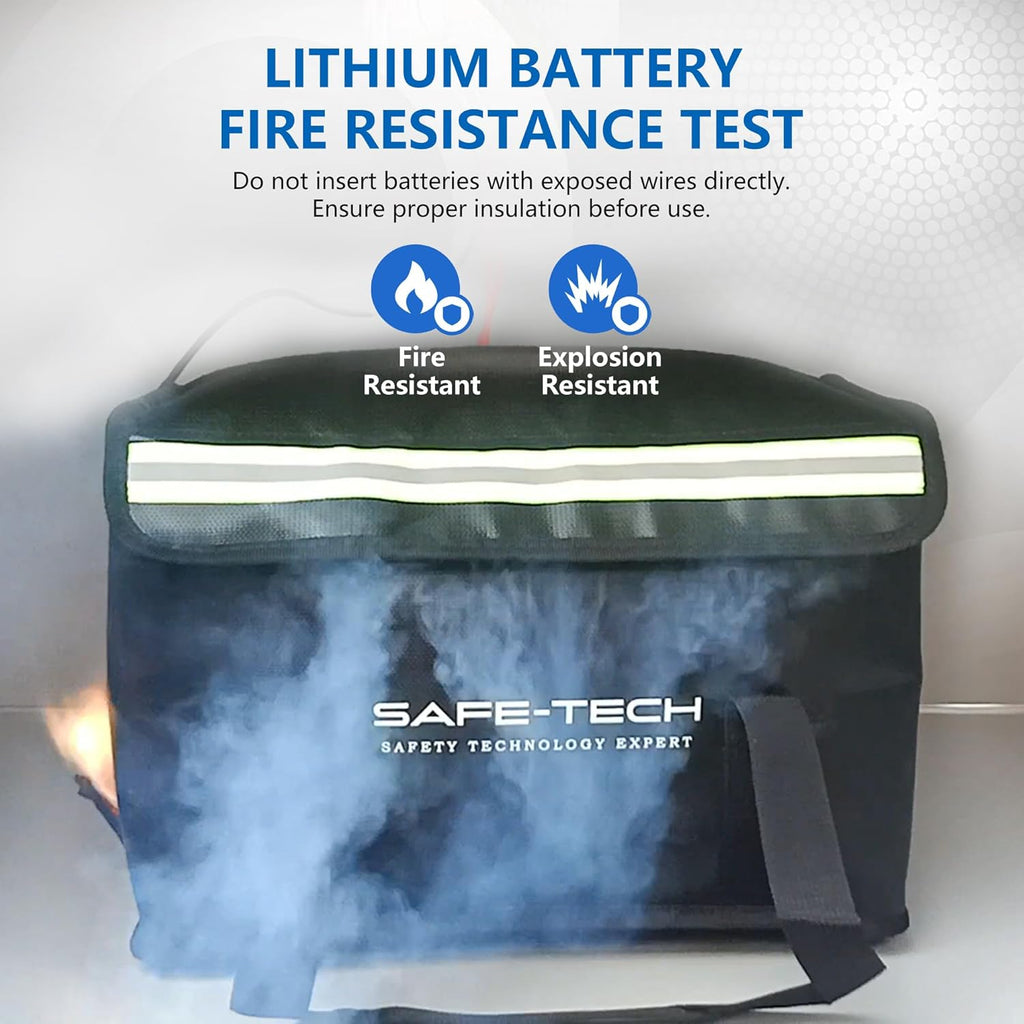 SAFE TECH Upgraded NHS Approved Lithium Battery Bag, Tested to SGS 800°C Fire Proof Battery Storage Bag, 14″ x 7.8 ” x 9.5″ Large Lipo Safe Storage Explosion Proof Fire Containment PED