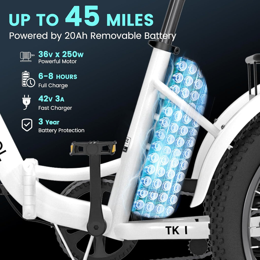 MOONCOOL Folding Electric Bike for Adults, 20" Folding Electric Trike with 36V 20AH Removable Battery, 250W Motor Electric Bicycle, LCD-Display, Range 167KM, IP65, 45NM E-Bikes with Large Baskets