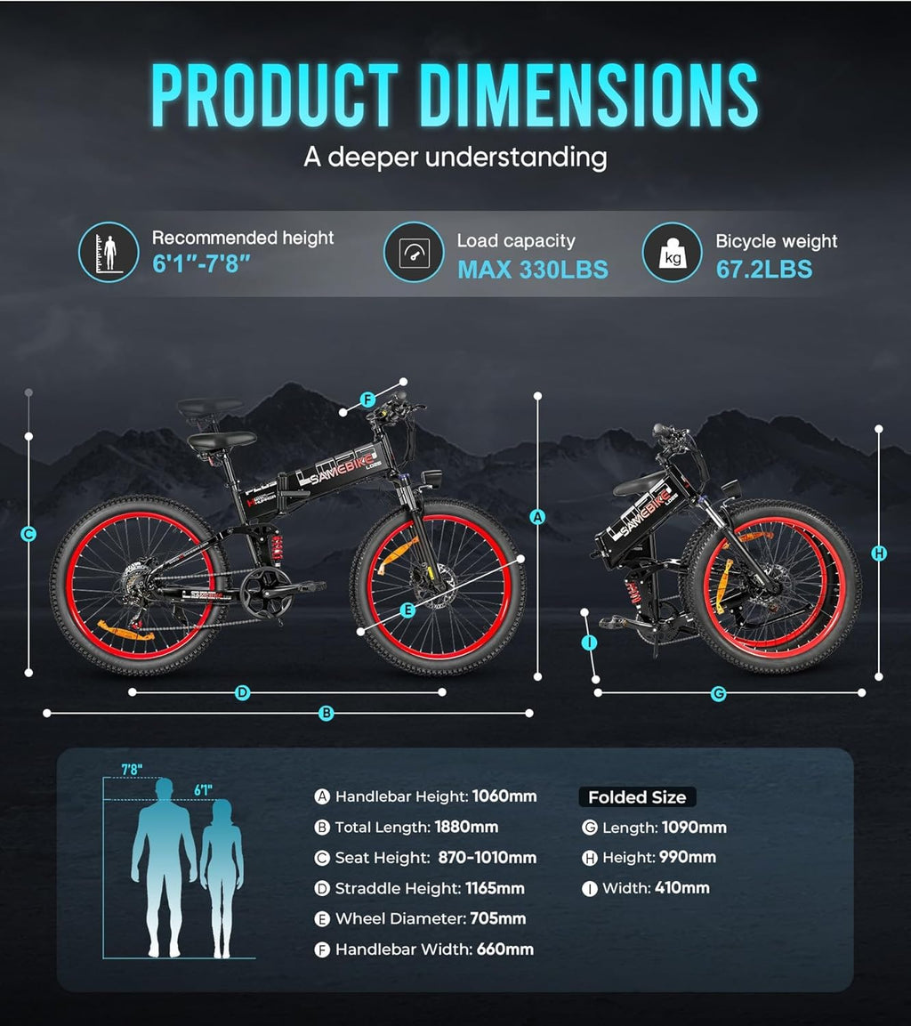 SAMEBIKE Mountain Electric Bicycle for Adults Removable 48V15H Battery 26 Inch Folding Electric Bikes with Color LCD Display SHIMANO 7 Speed Ebikes Black