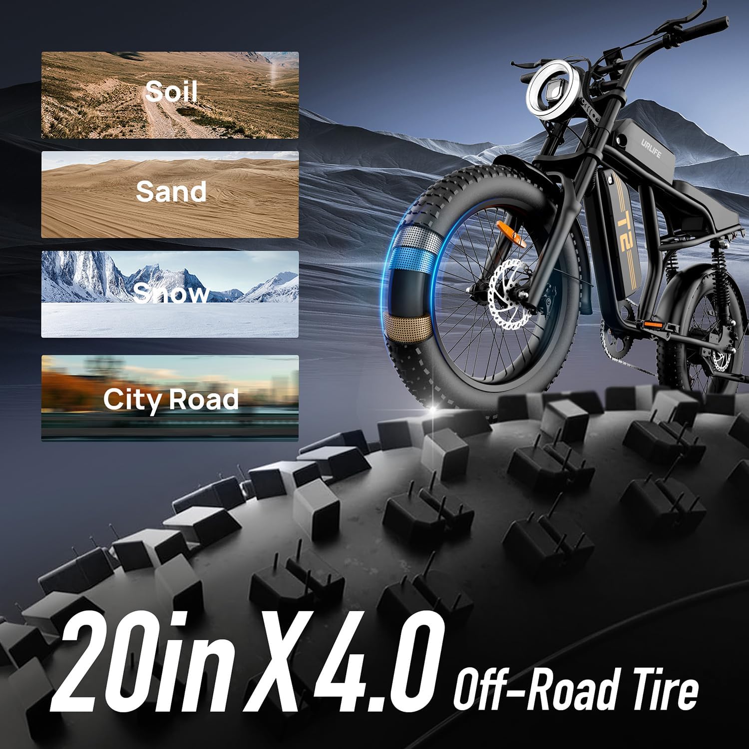 URLIFE 20 * 4" Fat Tire Electric Bikes for Adults, Ebike 48V 15.6Ah Removable Battery, 120 KM Range, Electric Mountain Bike with Colorful LCD 3-PAS, All-Terrain E-MTB