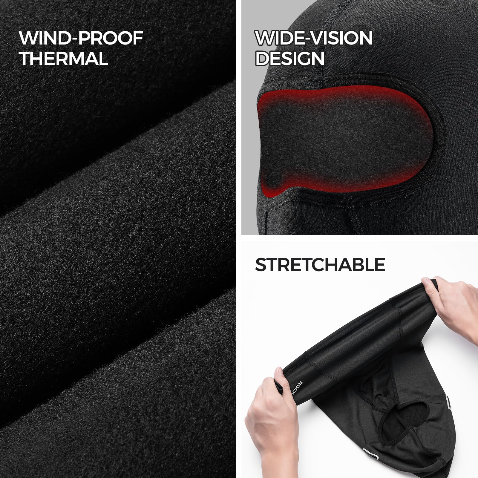ROCKBROS Windproof Balaclava Breathable Face Cover Winter Thermal Fleece Neck Warmer Headcover Outdoor Sports Cycling Skiing Hats Fit Helmet Elastic Headwear 54-62CM