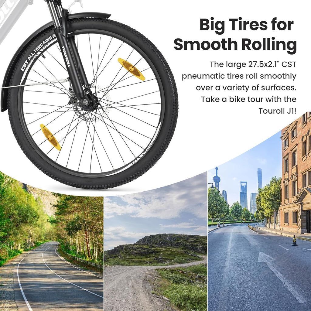 Touroll J1 ST 27.5" Electric Bike for Adults, 7 Speed Electric Bicycle with 36V 15.6Ah Removable Battery, 100km Range Pedal Assist City E Bike for Commute and Trekking, LCD Display, Dual Disc Brake
