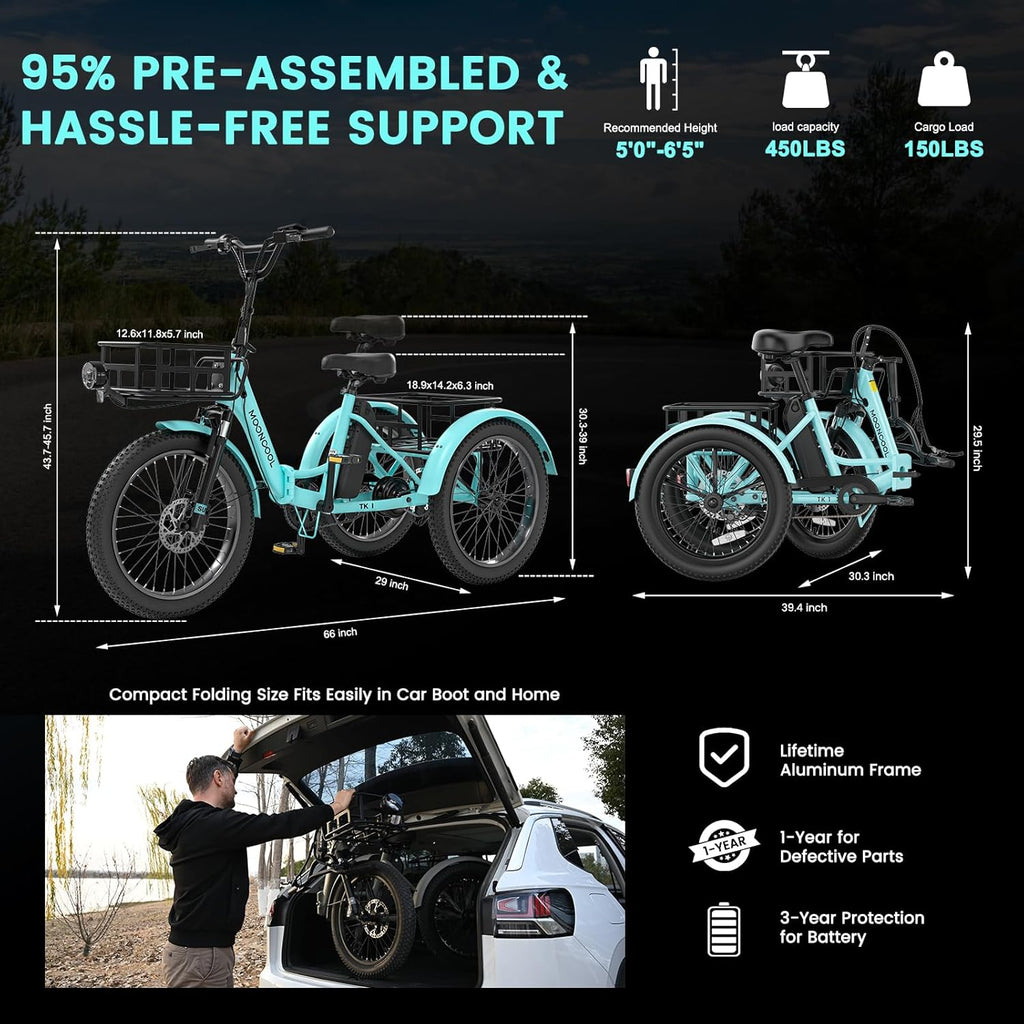 MOONCOOL Folding Electric Bike for Adults, 20" Folding Electric Trike with 36V 20AH Removable Battery, 250W Motor Electric Bicycle, LCD-Display, Range 167KM, IP65, 45NM E-Bikes with Large Baskets
