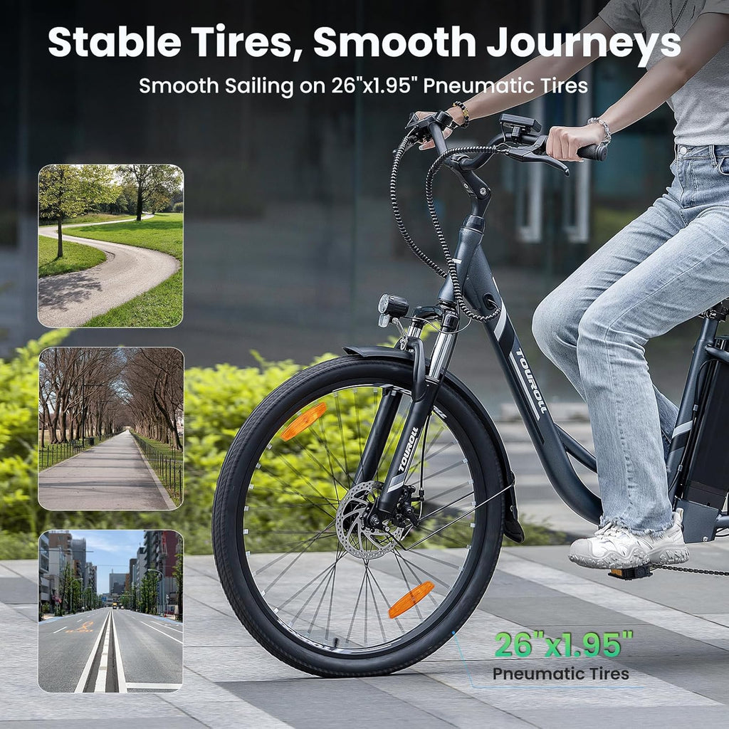 Touroll B1 Electric Bike for Adults, 26'' City Urban E-Bike, 36V 15.6Ah Removable Battery, 7 Speed Adjustable Seat Height Electric Bicycle