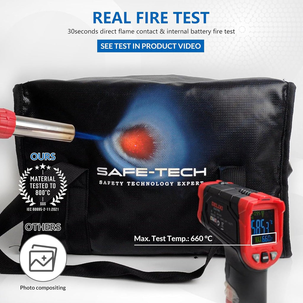 SAFE TECH Upgraded NHS Approved Lithium Battery Bag, Tested to SGS 800°C Fire Proof Battery Storage Bag, 14″ x 7.8 ” x 9.5″ Large Lipo Safe Storage Explosion Proof Fire Containment PED