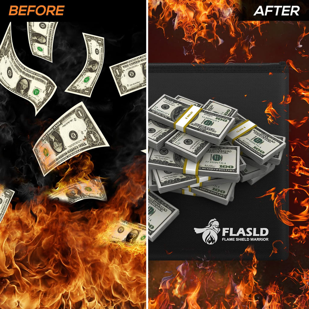 FLASLD Large Fireproof Document & Money Bags, Fireproof & Water Resistant Bag, Fireproof Folder Safe Bag for Cash, Valuables & Passport, with Silicone Coating & Zipper Closure, 60x30x30cm