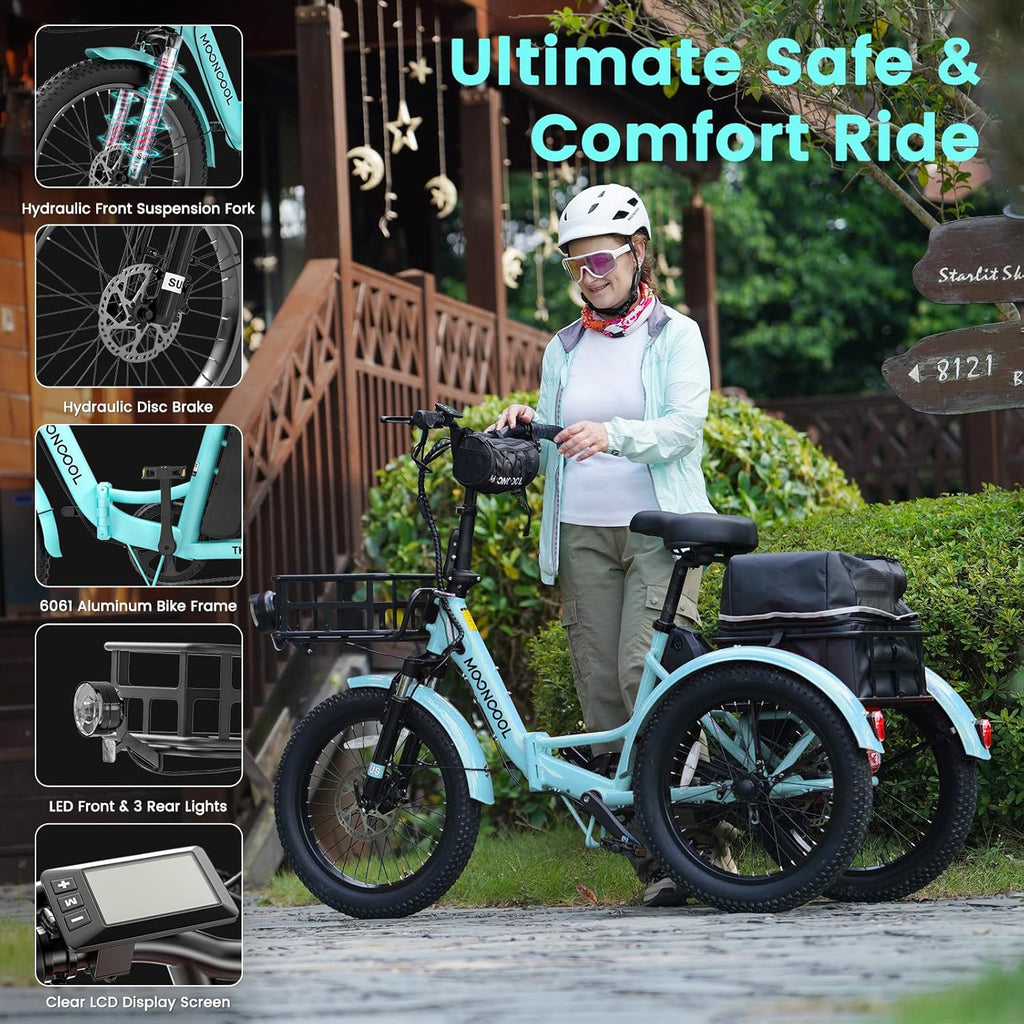 MOONCOOL Folding Electric Bike for Adults, 20" Folding Electric Trike with 36V 20AH Removable Battery, 250W Motor Electric Bicycle, LCD-Display, Range 167KM, IP65, 45NM E-Bikes with Large Baskets