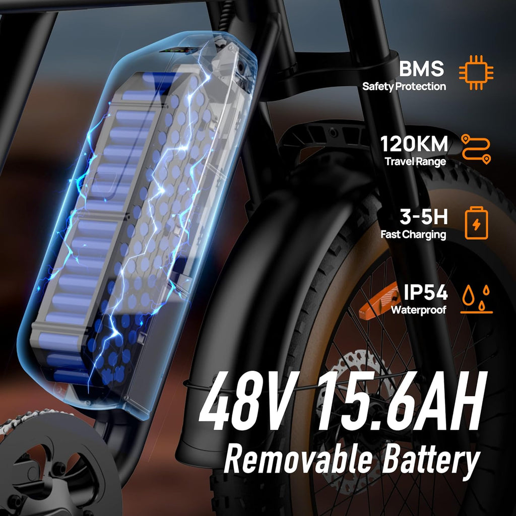 URLIFE 20 * 4" Fat Tire Electric Bikes for Adults, Ebike 48V 15.6Ah Removable Battery, 120 KM Range, Electric Mountain Bike with Colorful LCD 3-PAS, All-Terrain E-MTB