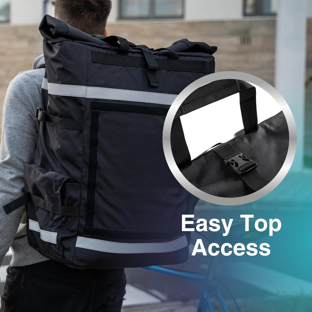 Roll-top, 54 L • Insulated Delivery Bag with Large Thermal Main Compartment • 100% Water-Repellent • Fully Foldable • Reflective Stripes • Designed for Professional Couriers