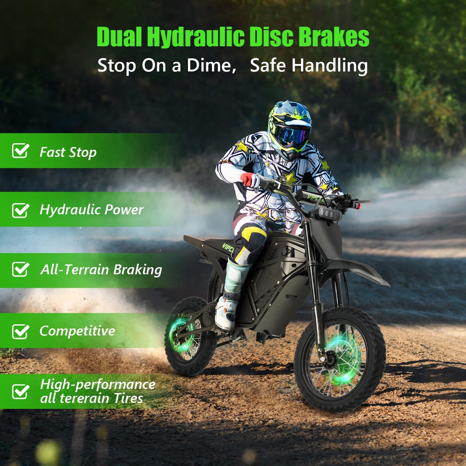 VIPCOO H3 Electric Dirt Bike for Teens Adults,14"/12" Off Road Dirt Bike Fit Age 13+,48V/23Ah Removable Battery Up to 25-43.5Miles,Dual Hydraulic Brakes & Full Suspension E-bike